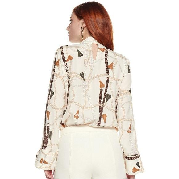 NINE WEST Silk-Blend Mockneck Blouse Leather & Chain Equestrian Pattern NWT Lg - Picture 2 of 8